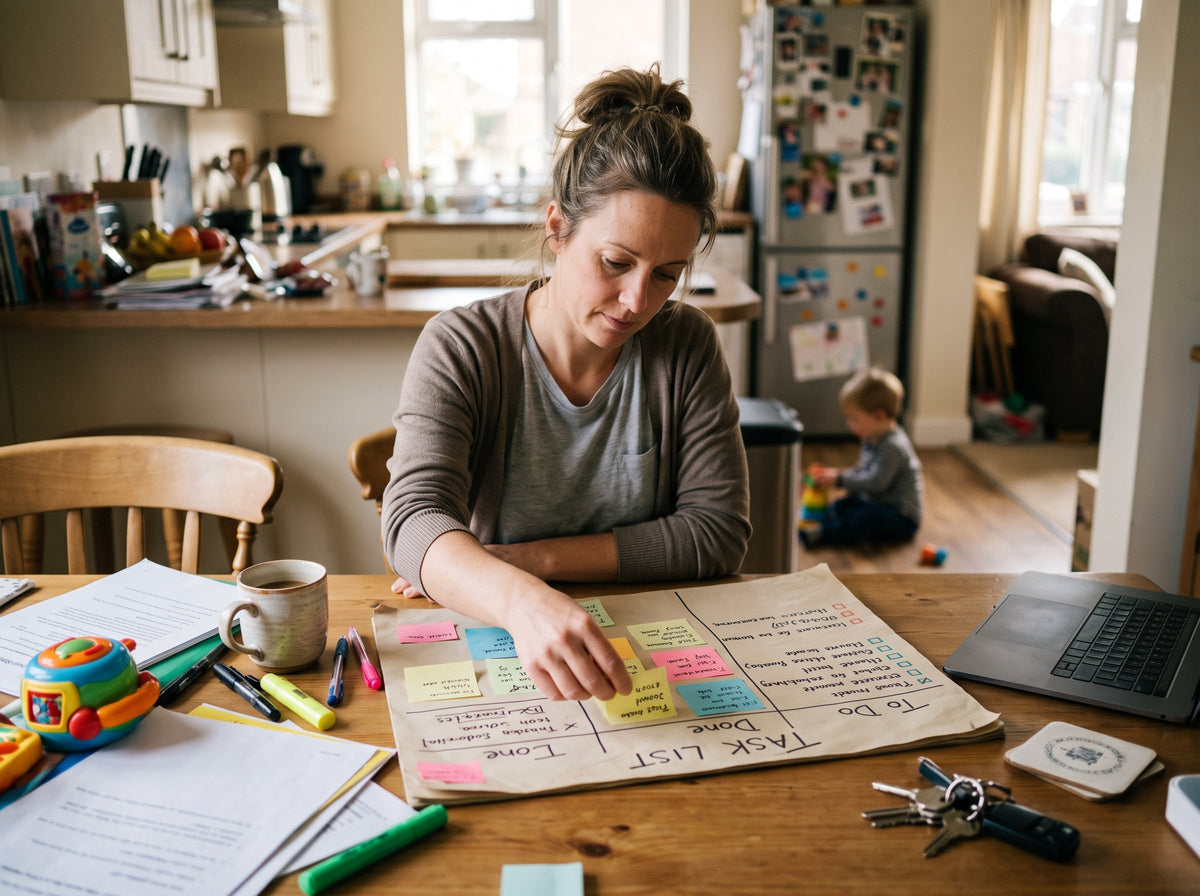Mother adjusting a simple task list after family plans change